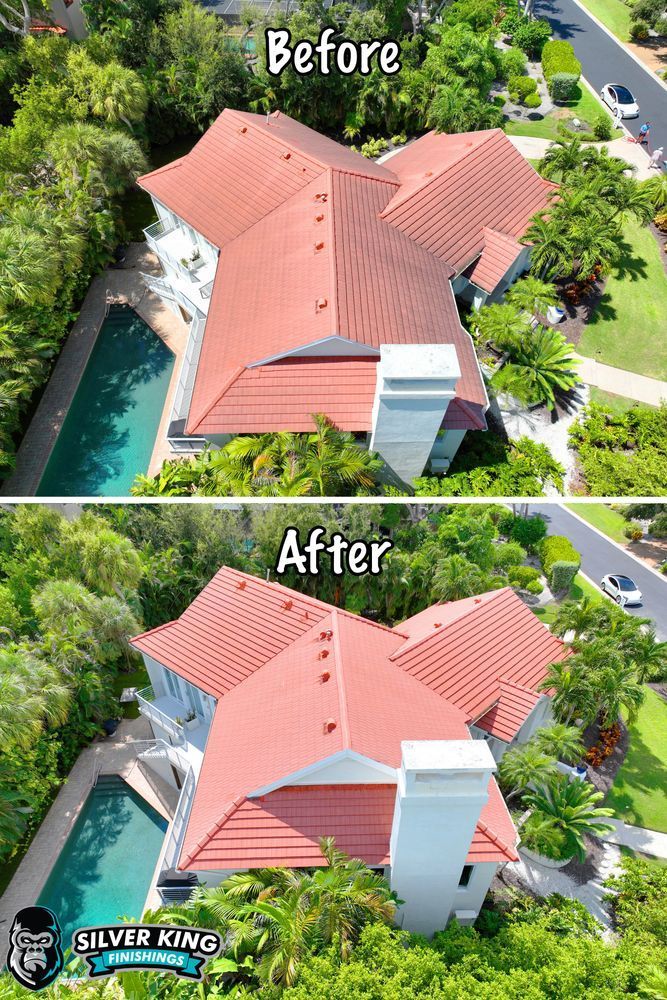 An aerial view of a house before and after roof cleaning.