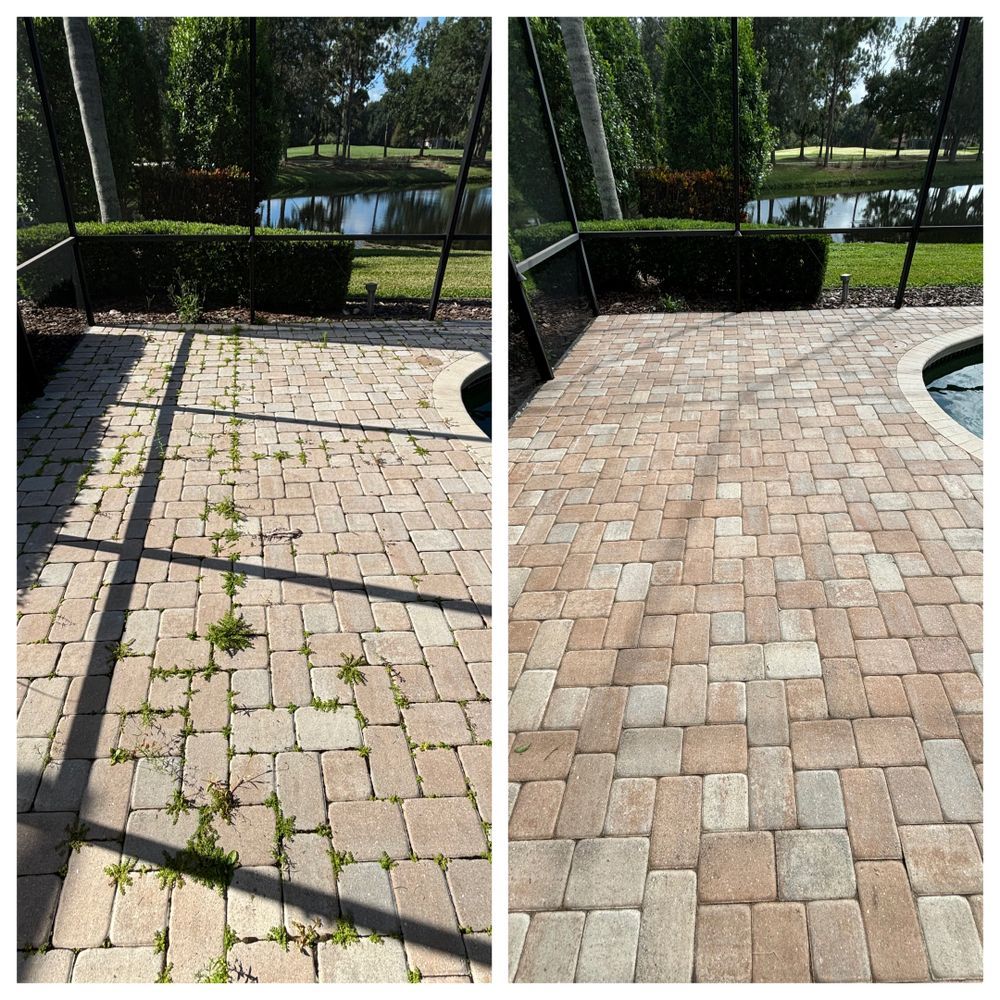 A before and after photo of a patio with weeds growing on it.