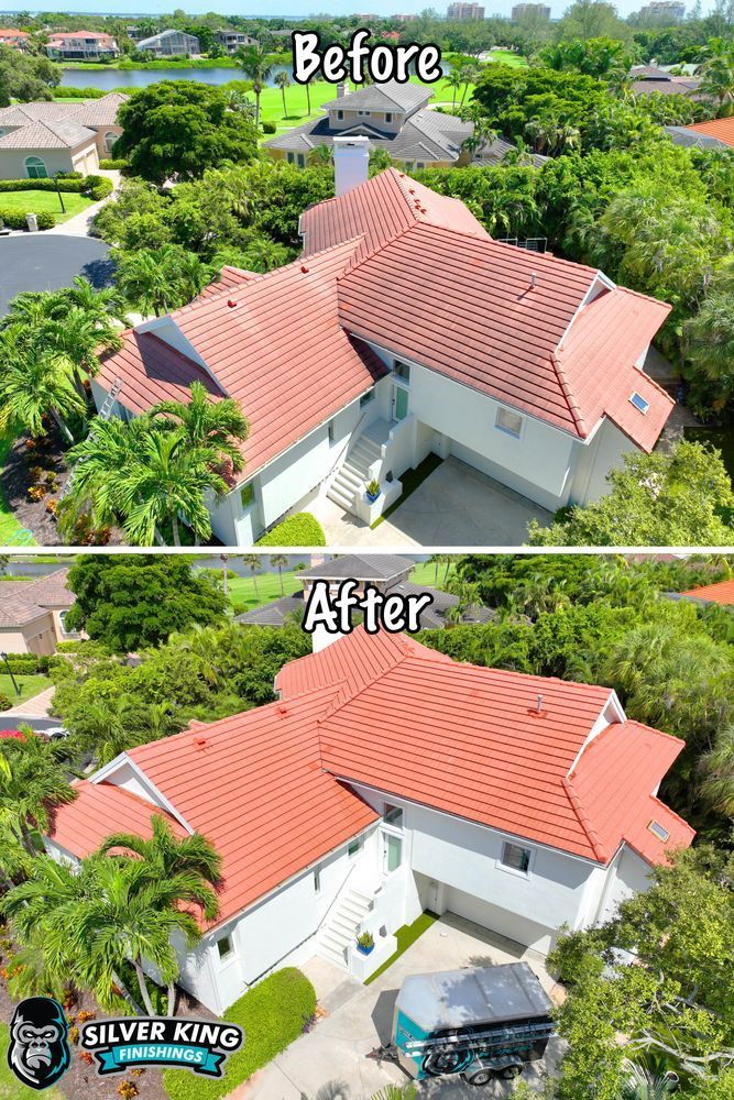 A before and after picture of a house with a red tile roof.