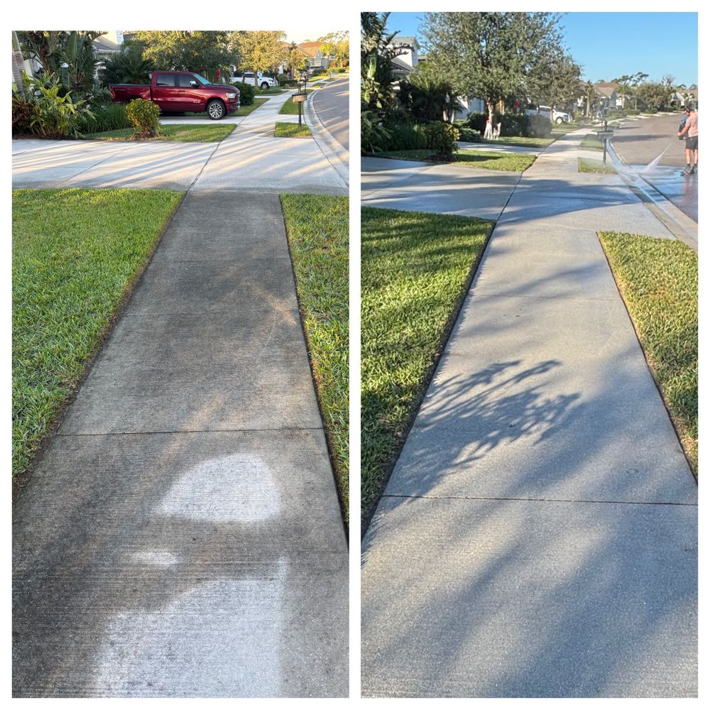 A before and after picture of a sidewalk that has been cleaned.