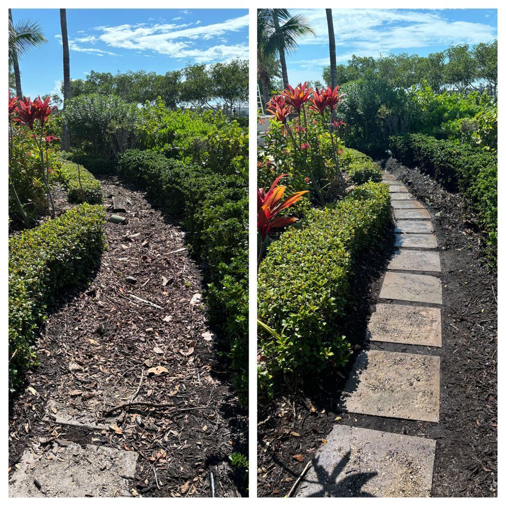 A before and after photo of a stone walkway in a garden.