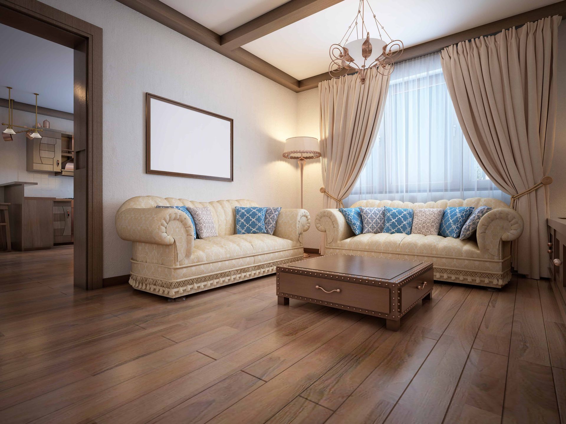 A living room with beautiful hardwood flooring