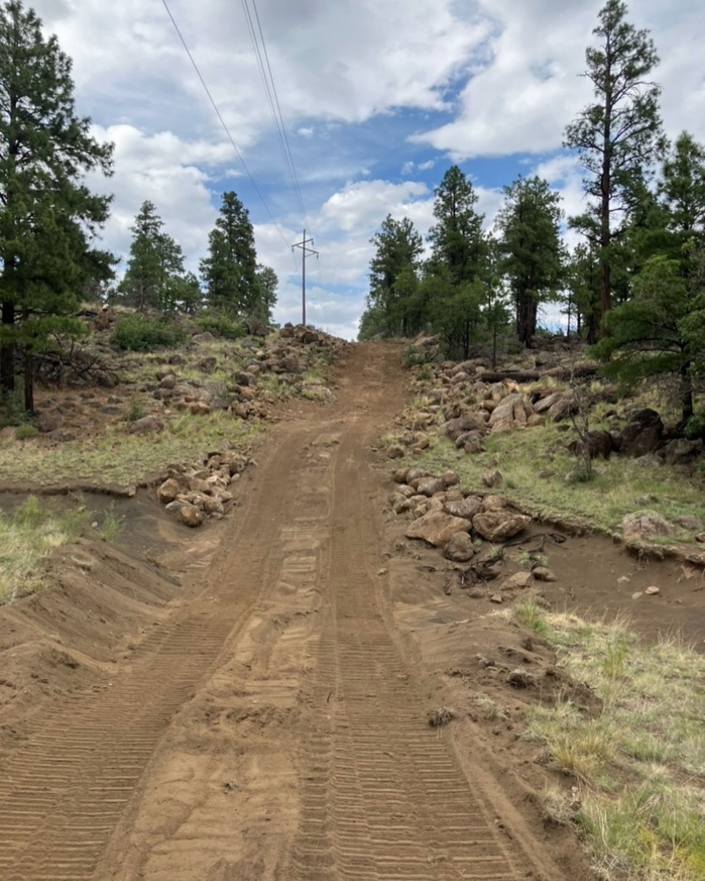 Dirt road cut through a rocky forest clearing under a blue sky with clouds