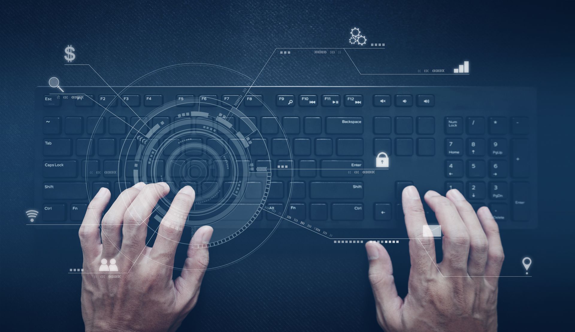 Hands typing on a glowing futuristic keyboard with digital interface overlays