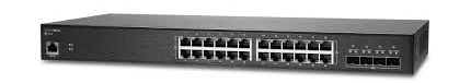 Black network switch with many Ethernet ports on a white background