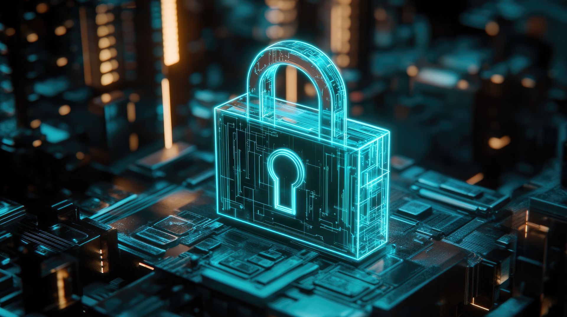 Glowing cyan padlock hovering over a digital circuit board, symbolizing cybersecurity and data protection