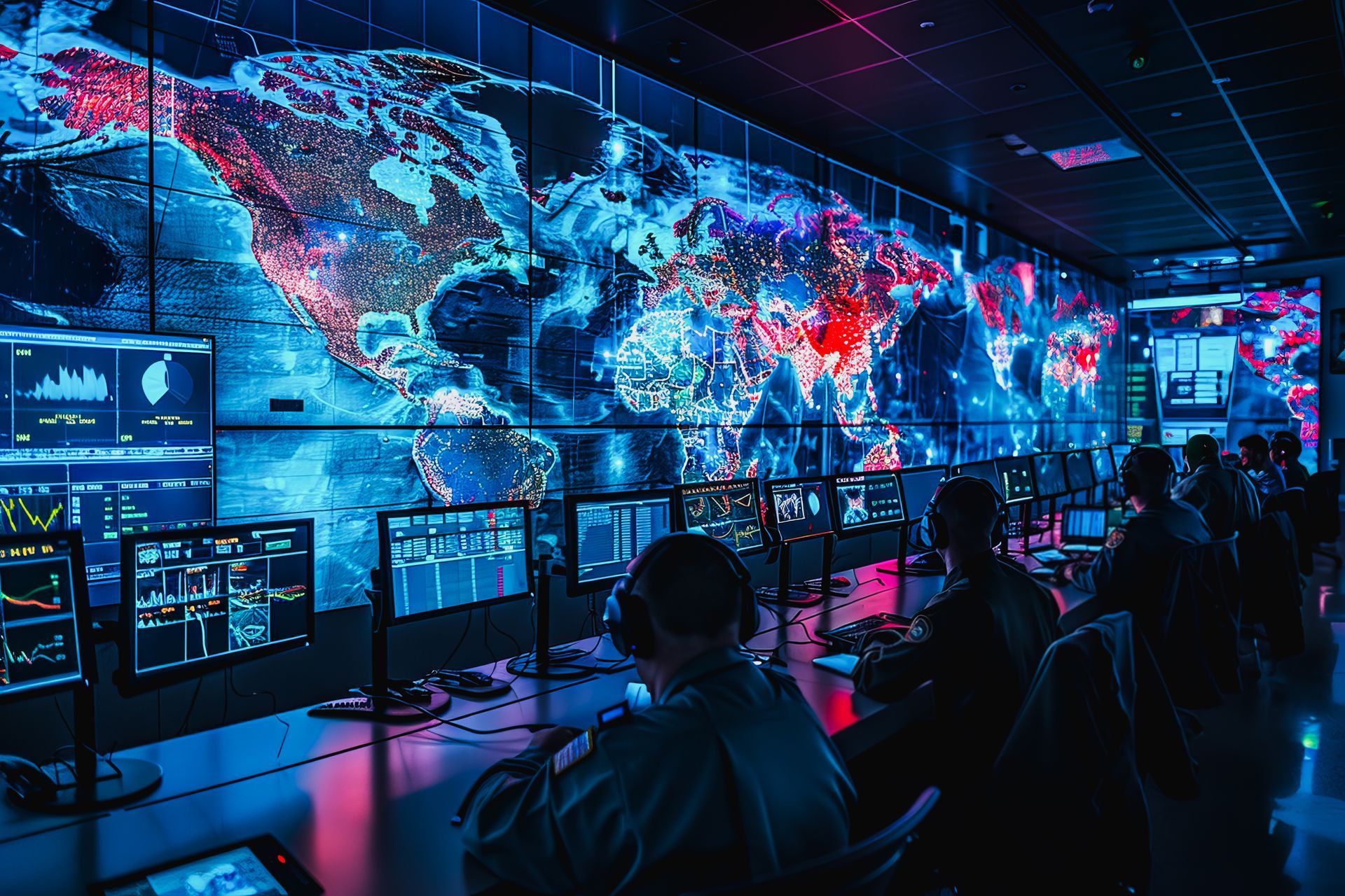 Large control room with operators facing a giant blue-red world map display and multiple monitors