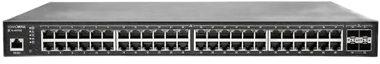 Front view of a 48-port network switch with rows of Ethernet ports and status lights