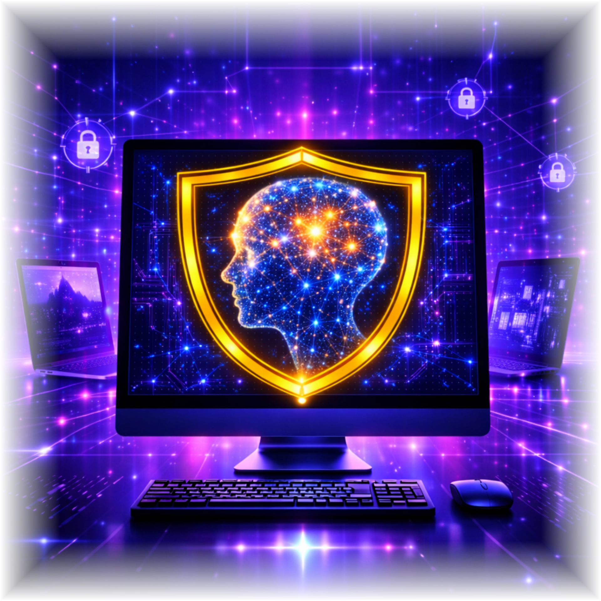 Glowing cyber shield with a digital head on a desktop monitor, surrounded by purple security icons