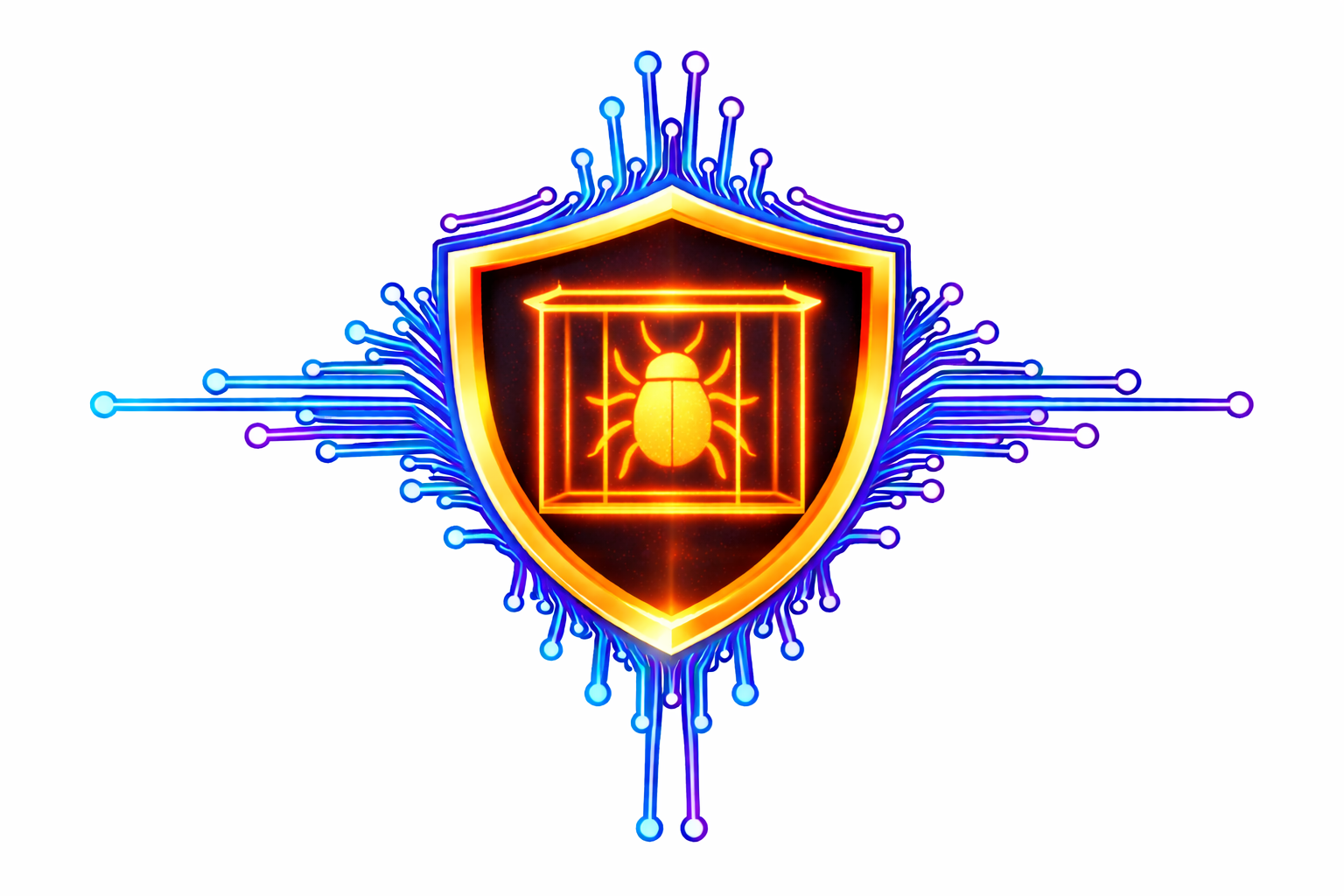 Glowing shield with a yellow bug icon, outlined in orange and blue circuit-like lines on white background