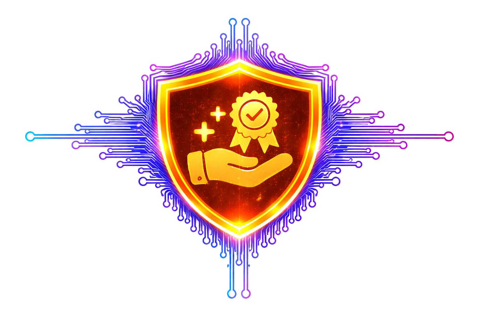 Glowing shield with hand and award icon, surrounded by purple circuit lines on white background
