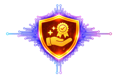 Glowing shield with hand and award icon, surrounded by purple circuit lines on white background