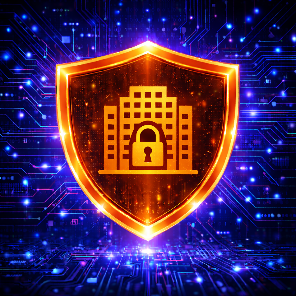 Glowing orange shield with a padlock over a building icon on a blue digital circuit background