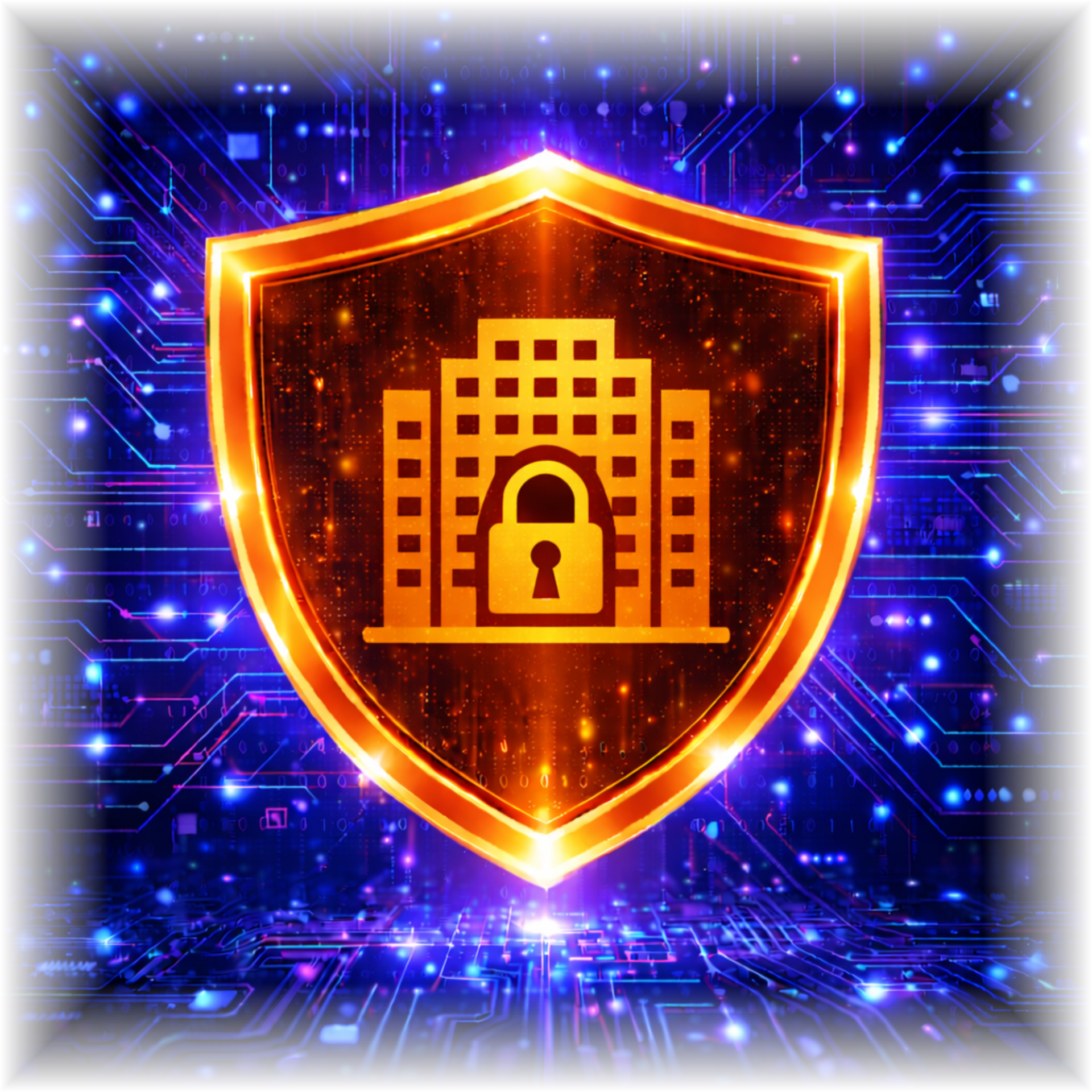 Glowing orange security shield with a lock icon on a blue digital circuit background