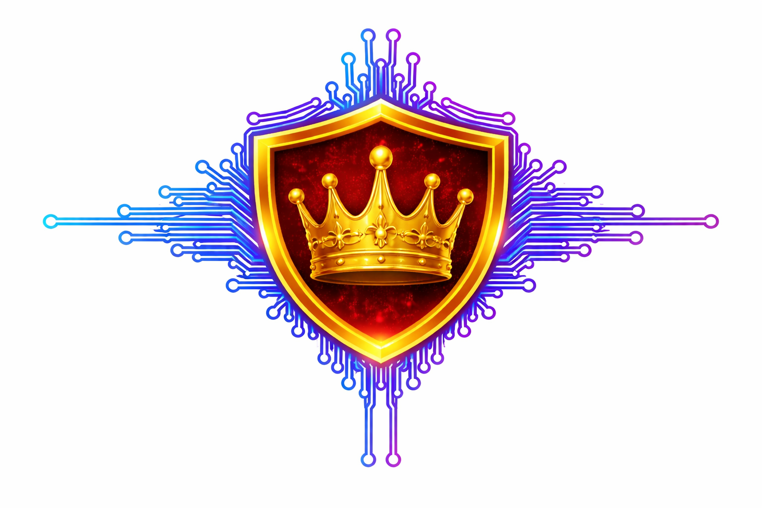 Glowing golden crown inside a red shield, with blue circuit-like lines radiating outward on a white background