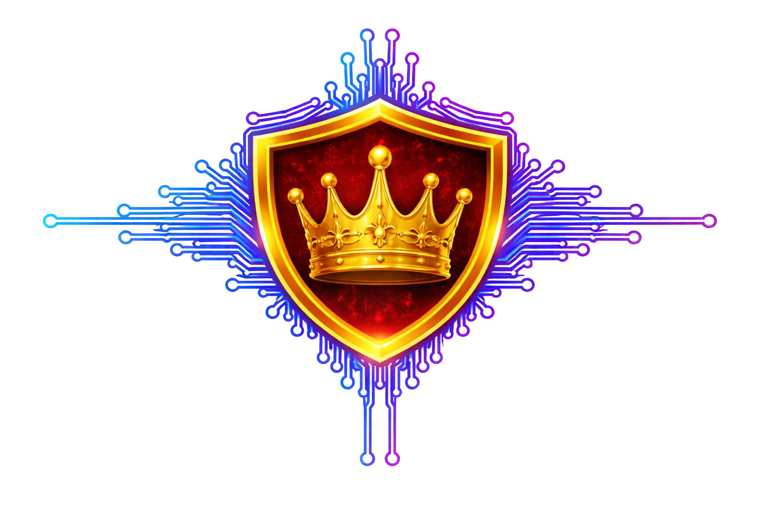 Gold crown on a red shield with blue circuit lines radiating outward.