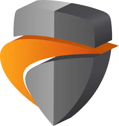 Abstract gray shield logo with an orange swoosh across the center