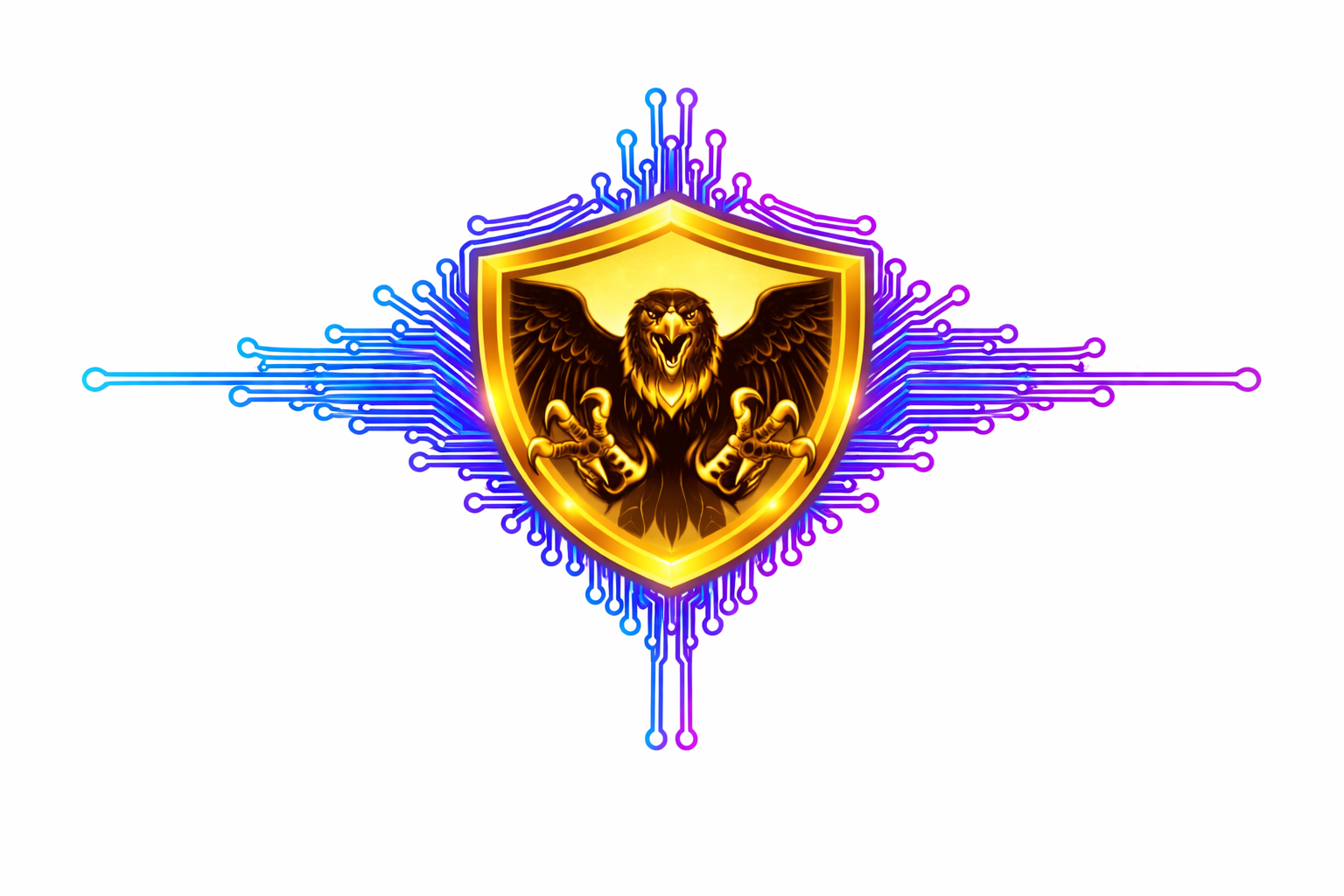 Golden shield with a skull-and-wings emblem, surrounded by neon blue and purple circuitry lines