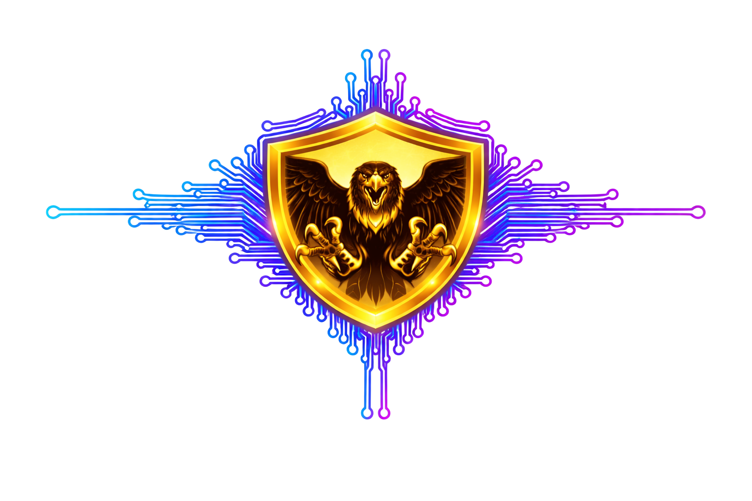 Gold shield emblem with a skull and crossed wings, surrounded by neon blue and purple circuit-like lines