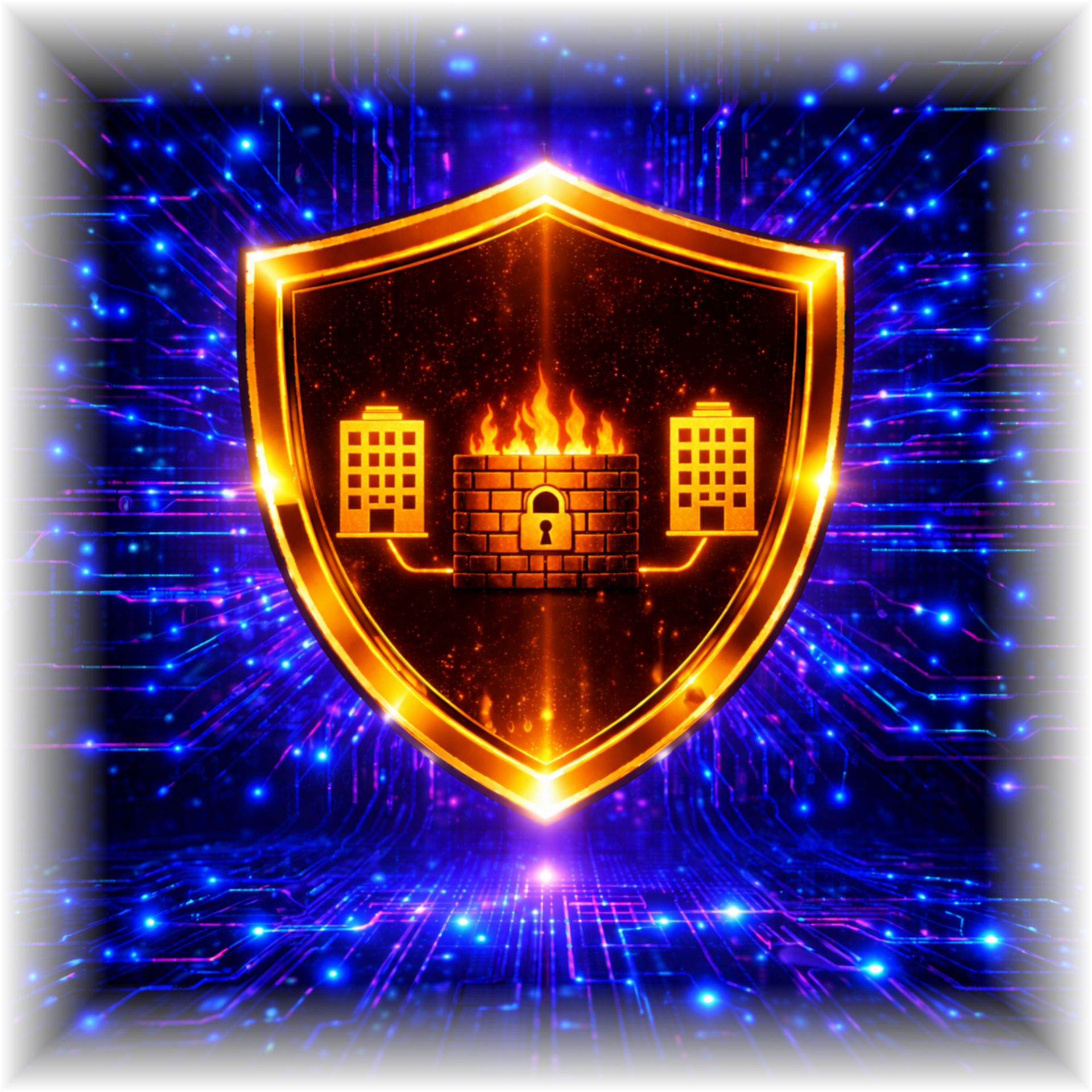 Glowing gold security shield with firewall and lock icon on a blue digital background