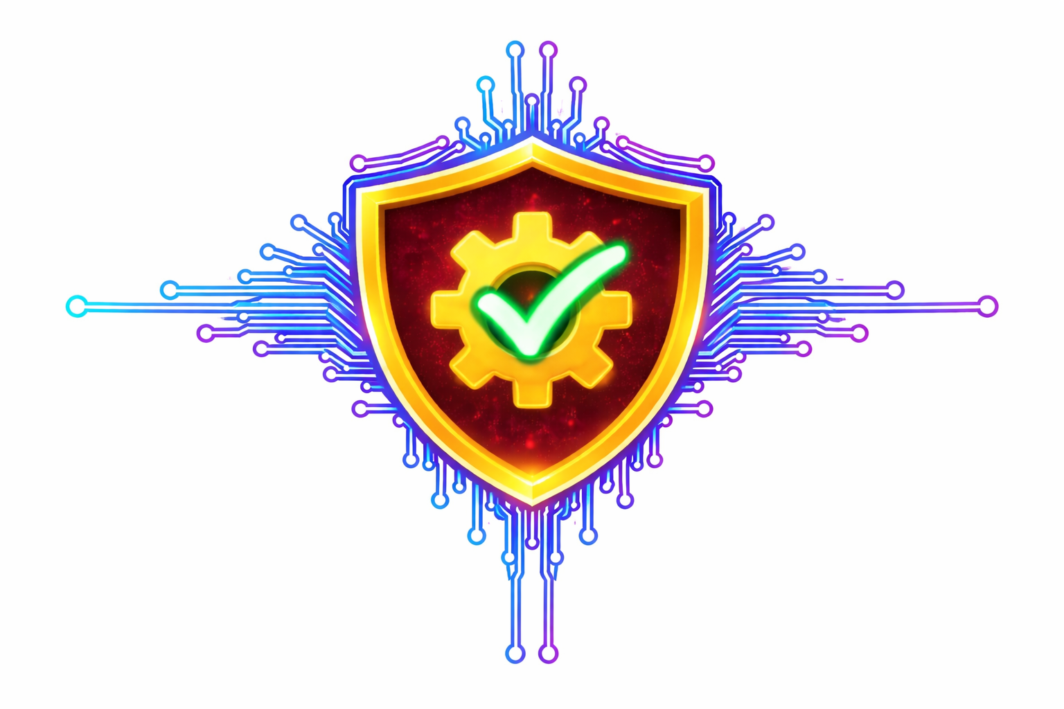 Shield emblem with a green checkmark and yellow gear, surrounded by blue circuit lines