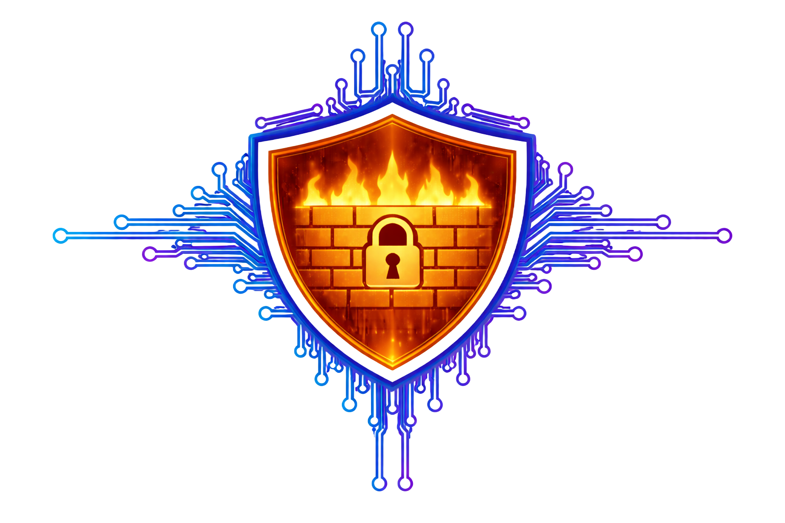 Blue circuit shield with an orange brick wall and keyhole, symbolizing cybersecurity protection
