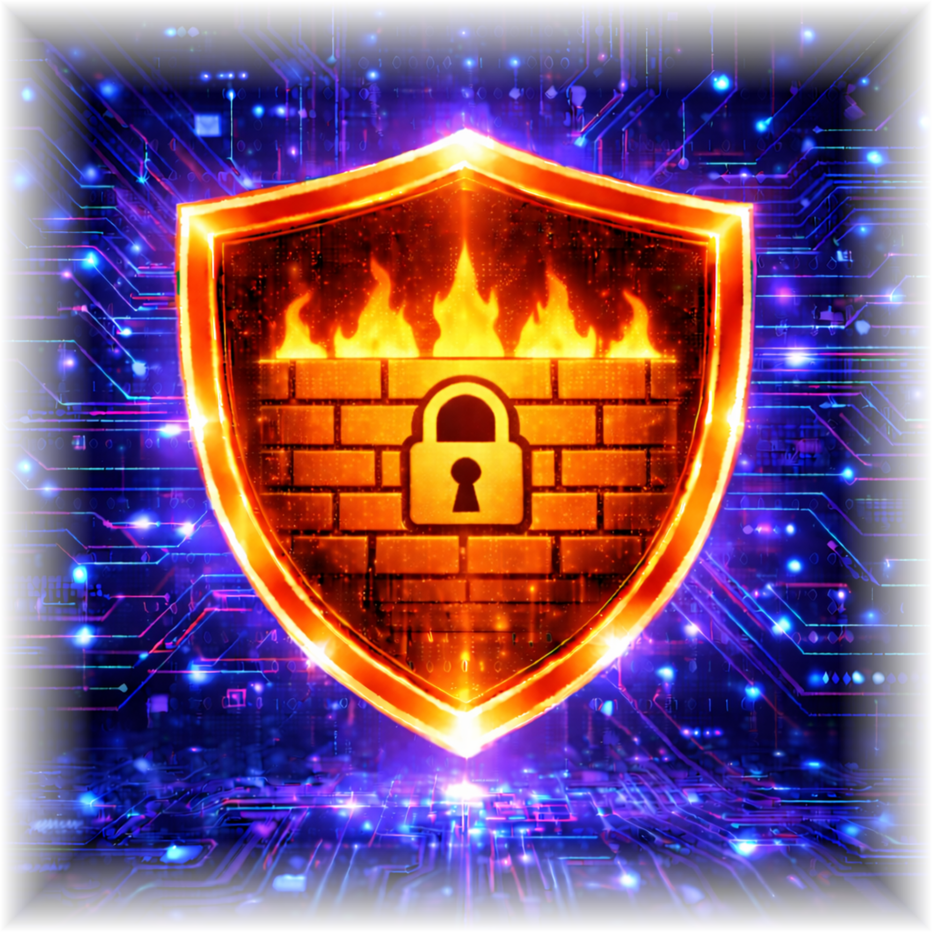 Glowing orange shield with a padlock over flames on a blue digital network background