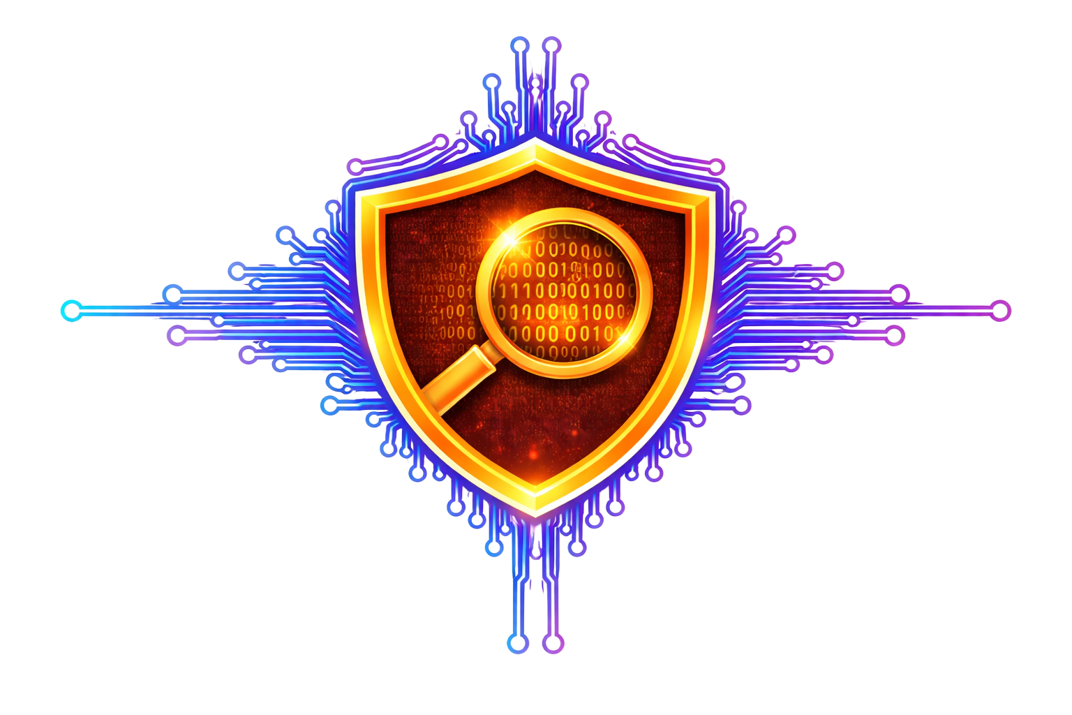 Orange shield with magnifying glass, surrounded by purple circuit lines, symbolizing cybersecurity search.