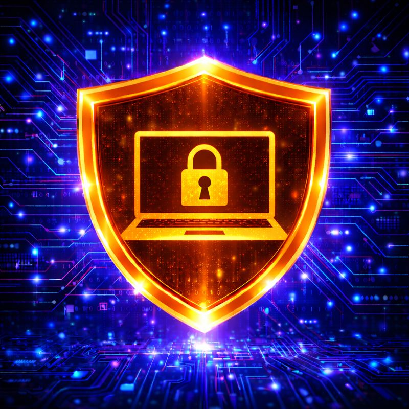 Glowing orange shield with laptop and lock icon on a blue digital cybersecurity background