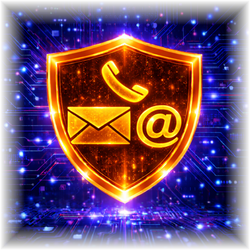 Glowing orange shield with phone, email, and @ icons on a blue digital background
