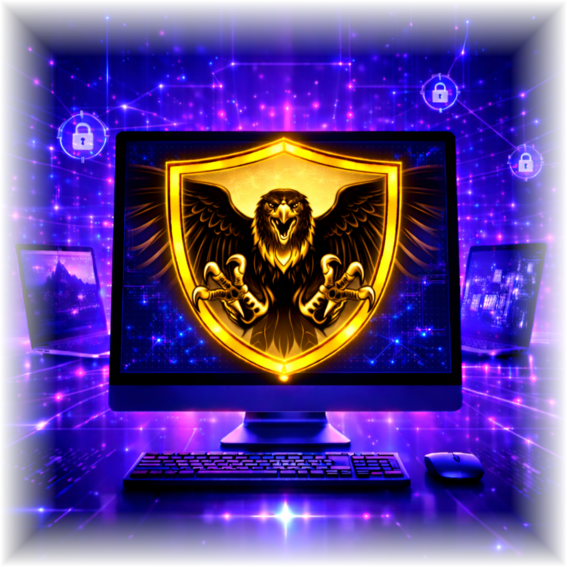 Glowing gold lion shield on a monitor in a purple cyber-themed room, with keyboard and mouse