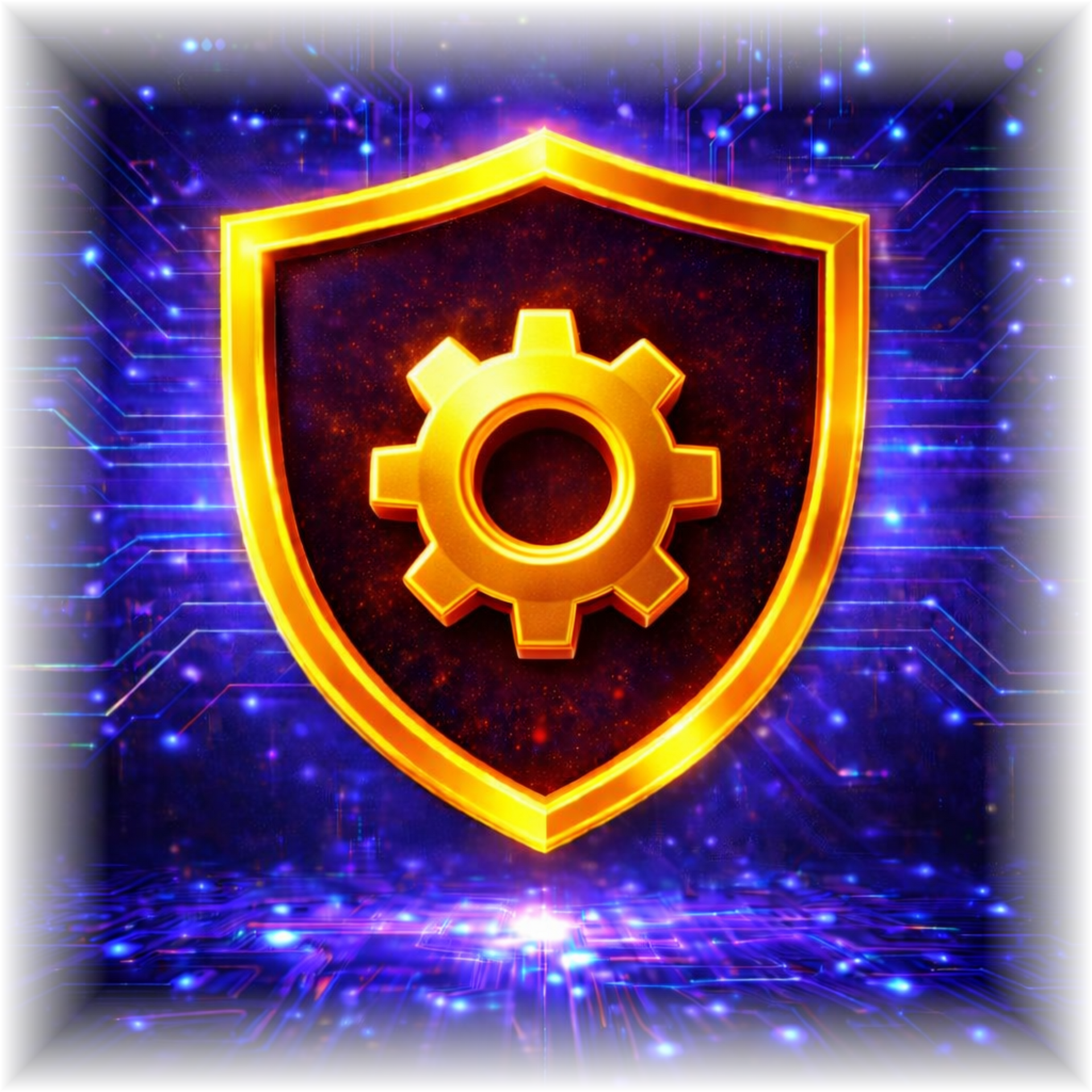 Glowing gold shield with gear icon on a purple futuristic background