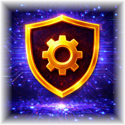 Glowing gold shield with gear icon on a purple futuristic background