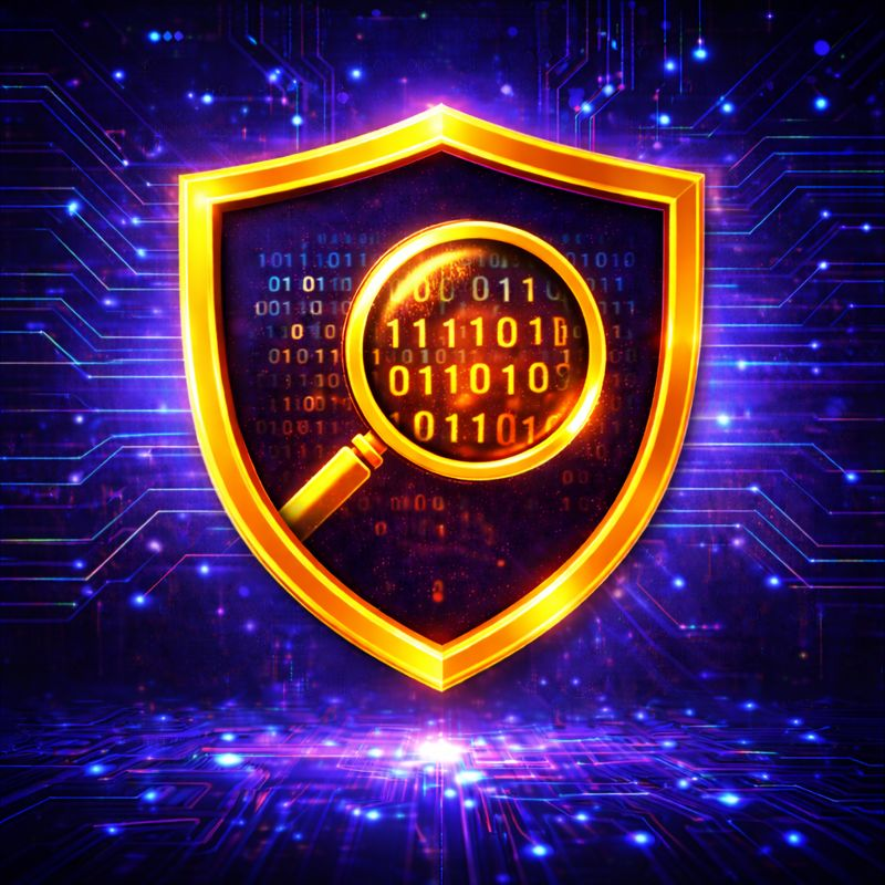 Glowing gold shield with a magnifying glass over binary code on a purple digital circuit background