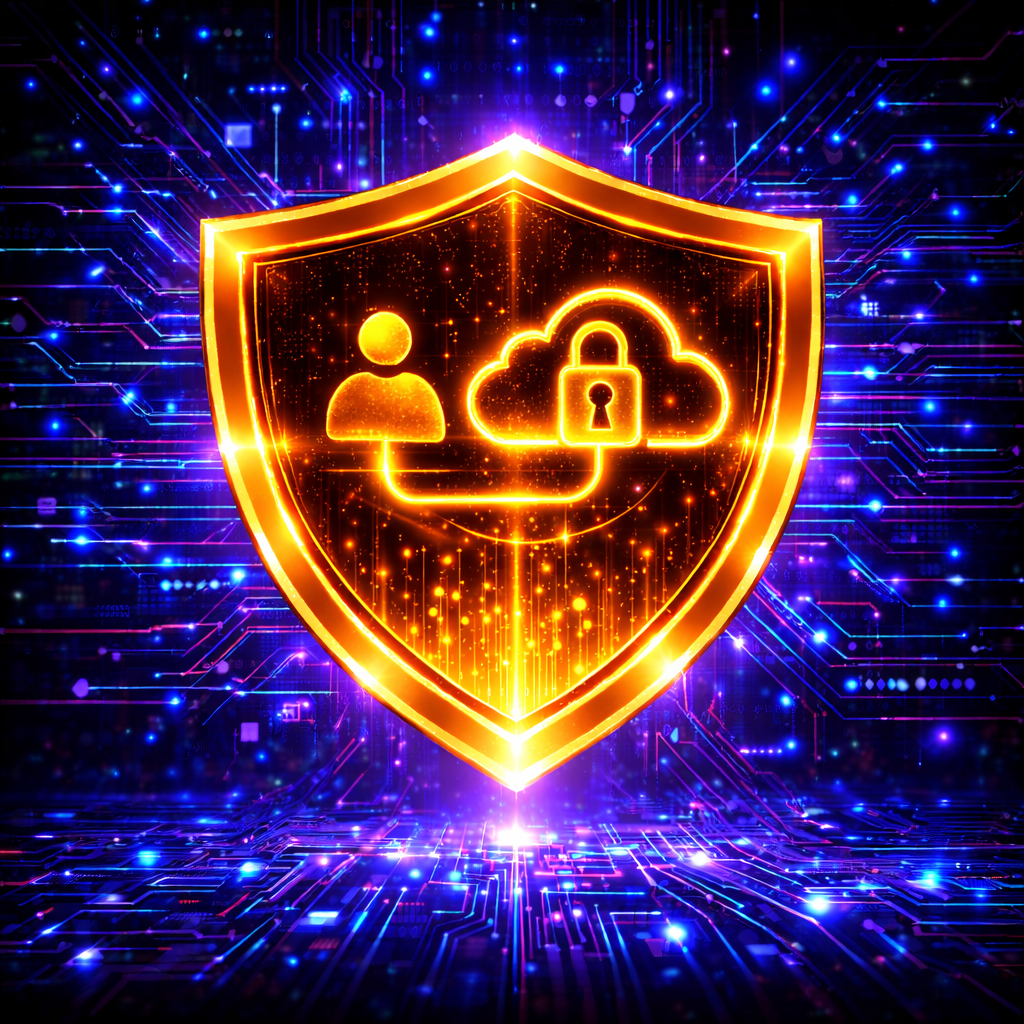 Glowing gold shield with user and cloud lock icons on a blue digital network background