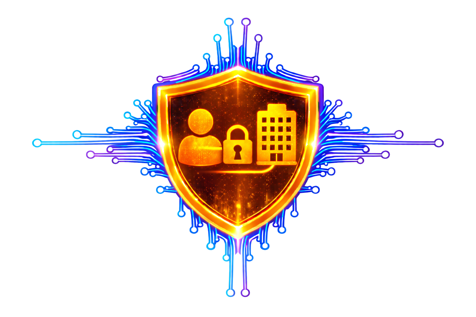 Glowing orange shield with user, lock, and building icons, surrounded by blue circuit lines