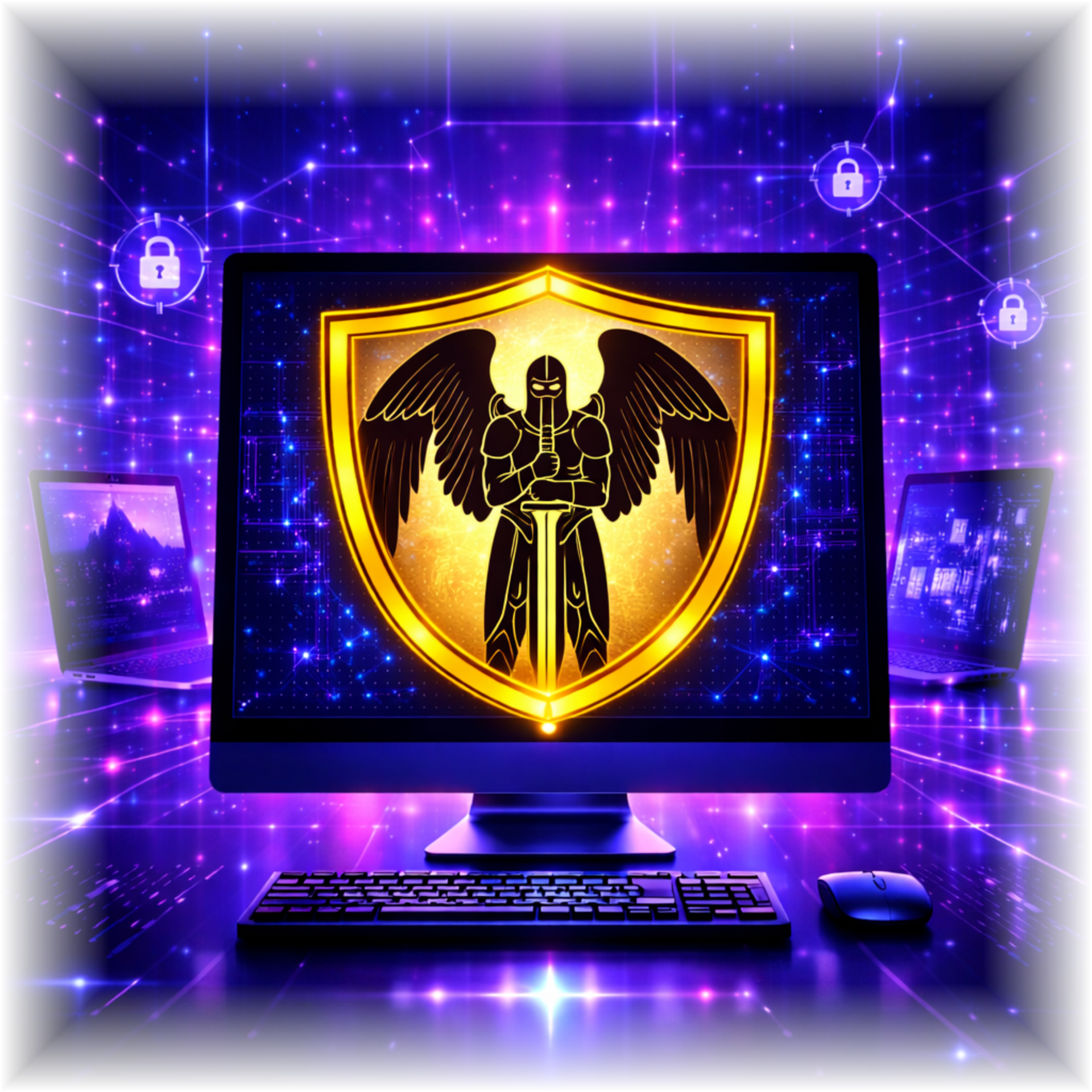 Computer monitor with glowing gold shield and eagle emblem on a purple cybersecurity background