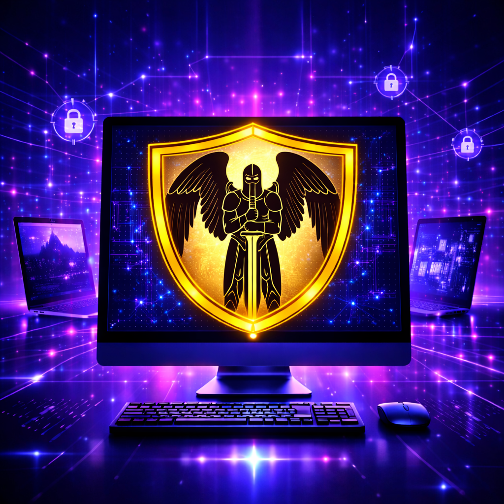 Glowing security shield with eagle emblem on a computer screen, surrounded by purple digital network icons.
