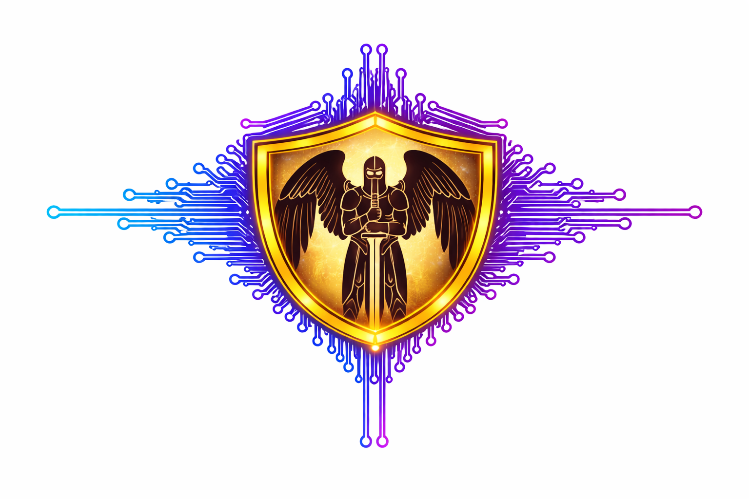 Gold eagle shield logo with purple circuit-like lines on a white background