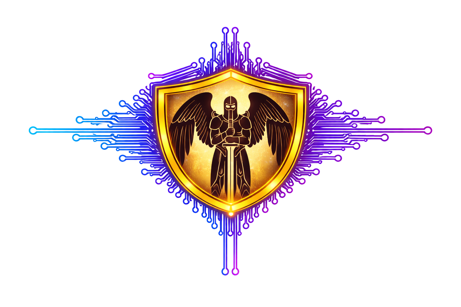 Purple and gold shield emblem with a black eagle, surrounded by neon circuit-like lines