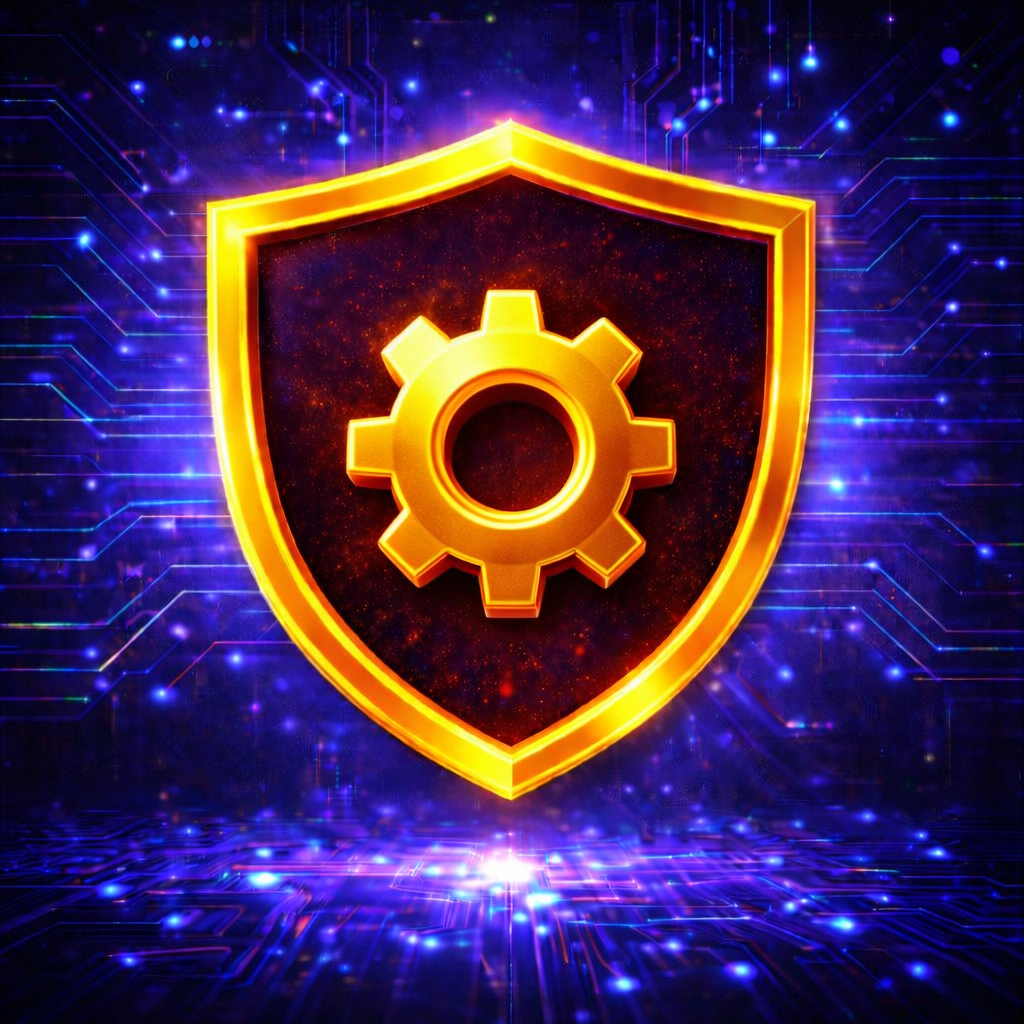 Glowing gold shield with a gear icon on a blue-purple digital background