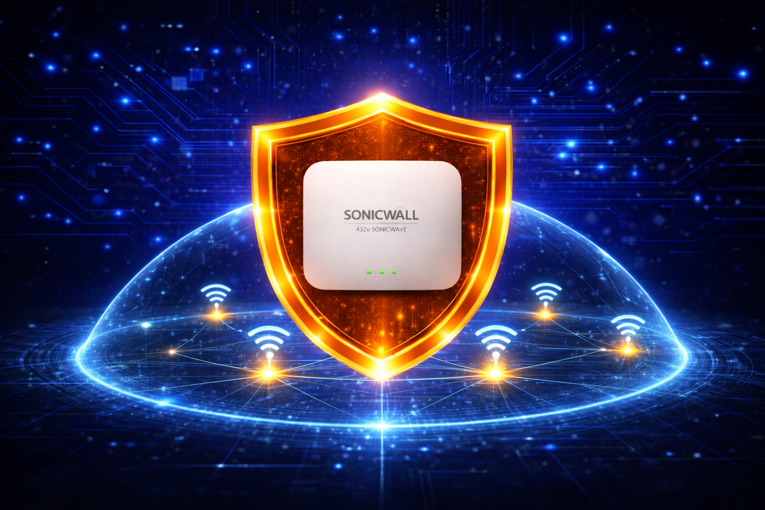 Glowing orange shield over a blue digital network, symbolizing cybersecurity protection