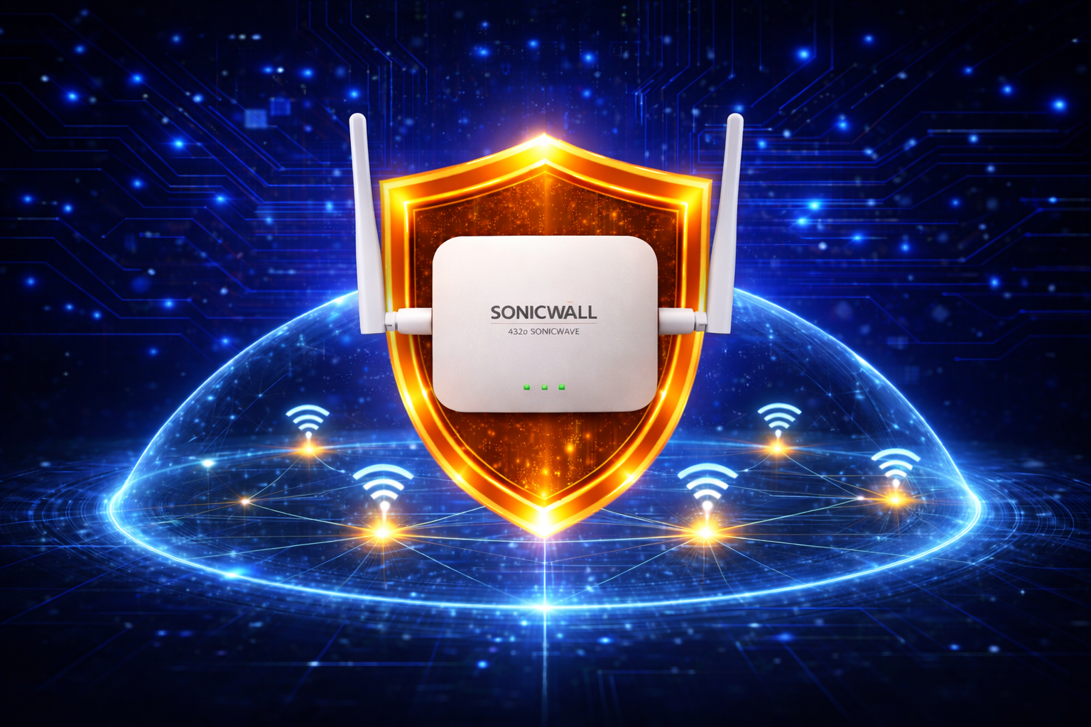 SonicWall security device centered in a glowing orange shield, surrounded by blue digital network lights