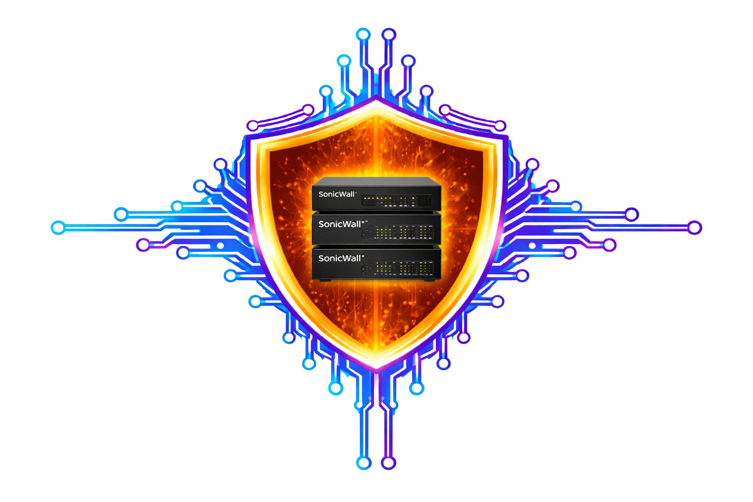 Glowing shield with circuit lines and a central black software panel on a white background