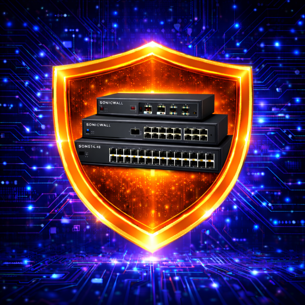 Glowing orange shield with stacked network switches on a blue digital circuit background