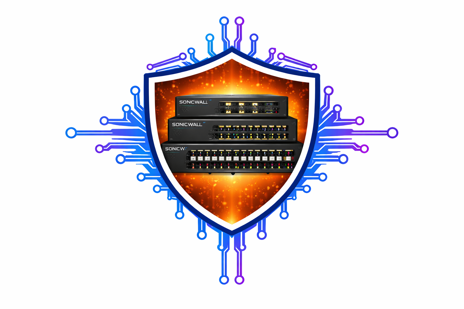 Shield logo with blue circuit lines and a central computer server on an orange glow background