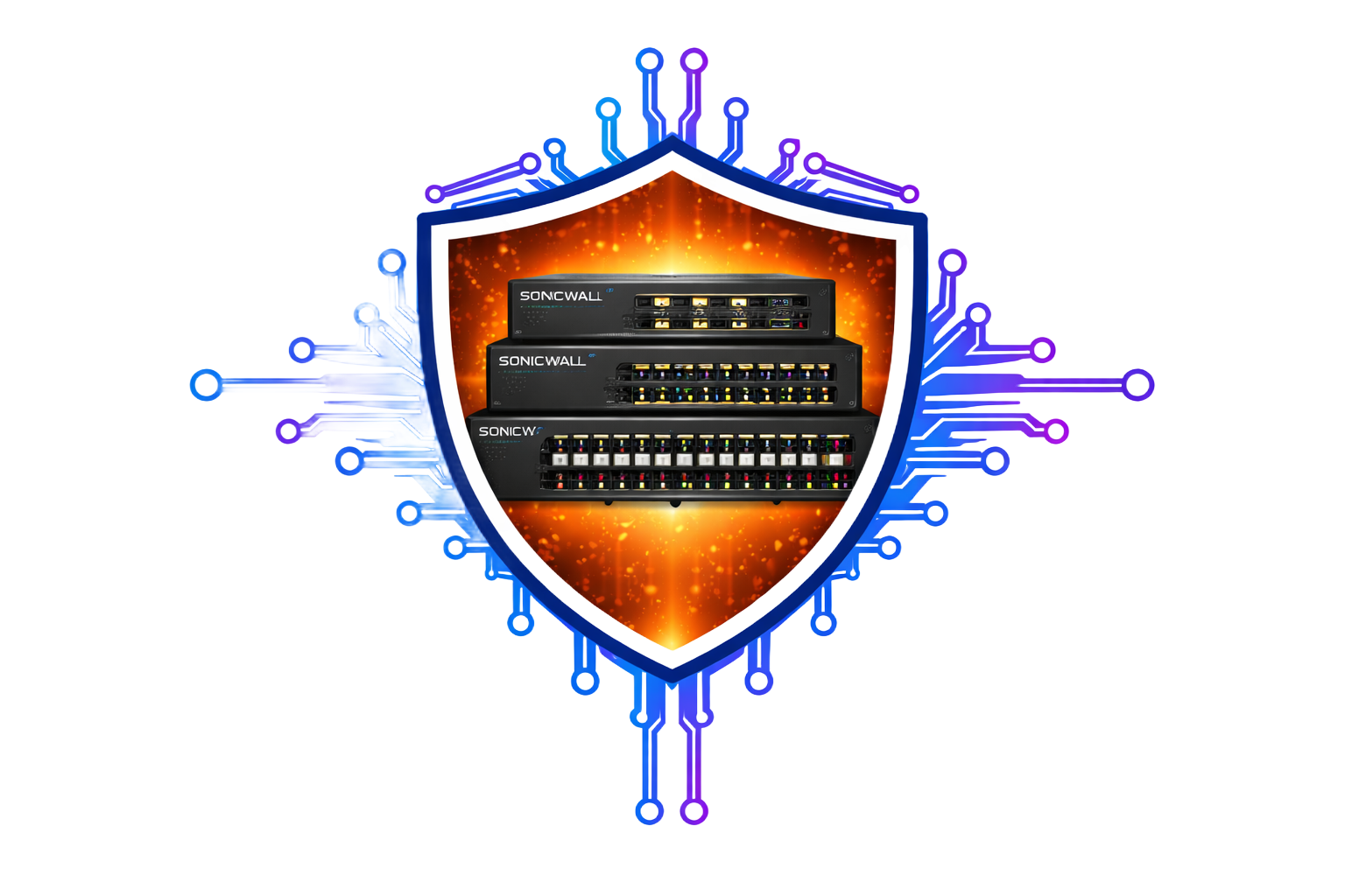 Shield logo with a glowing orange circuit-board background and stacked server hardware in the center