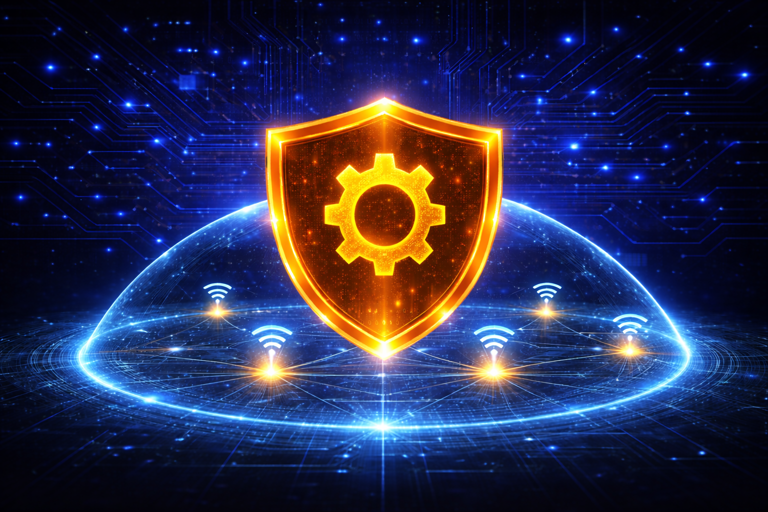 Glowing shield with gear icon over a blue digital network background