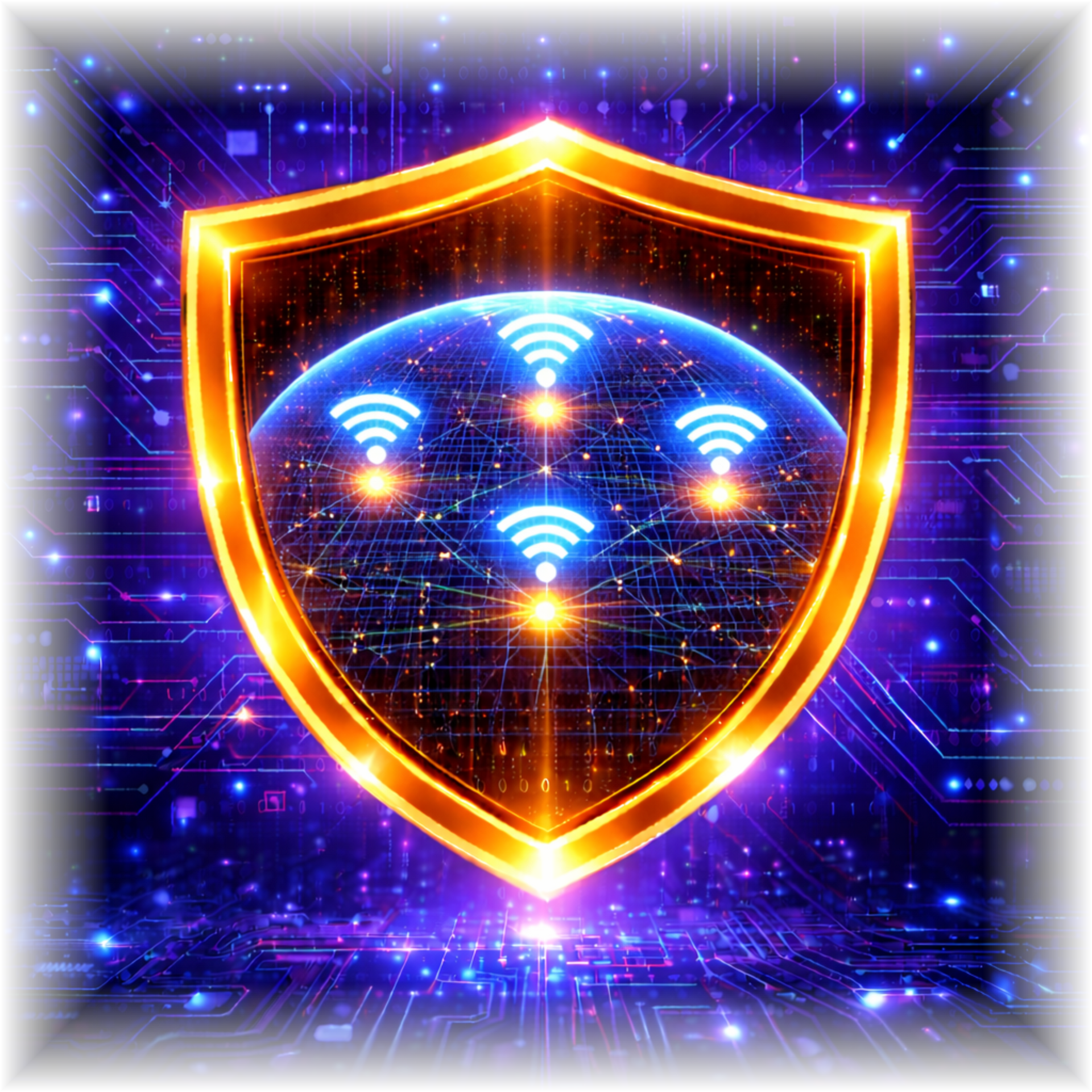 Glowing shield with Wi‑Fi symbols, representing network security against a digital blue background