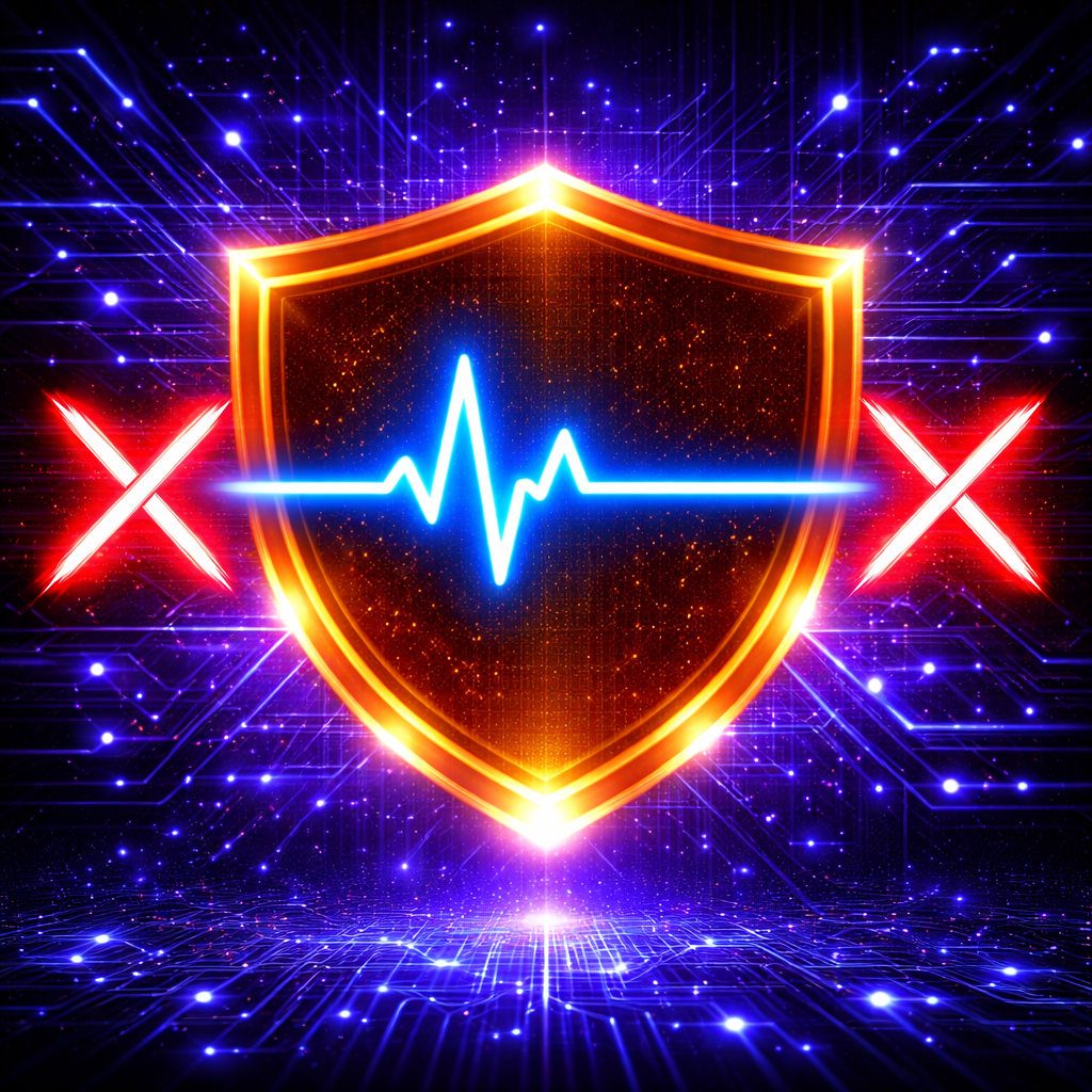 Glowing shield with blue heartbeat line, red X marks, on a purple digital grid background